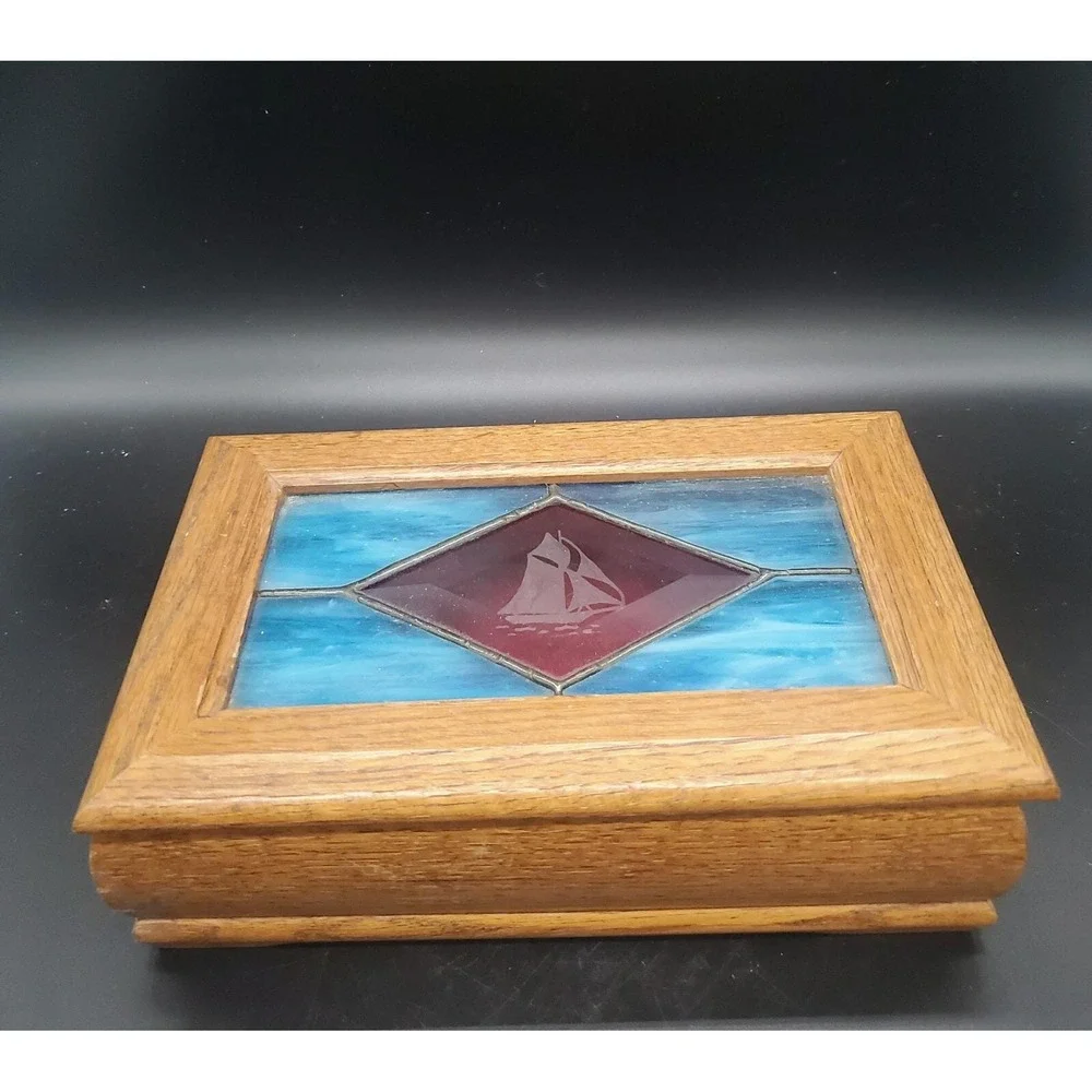 Vintage Wooden Wood Stained Glass Jewelry Box Sailboat Nautical Suncastle Crafts